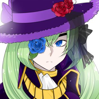 Rule 34 | 1girl, alternate color, blue eyes, blue flower, blue rose, closed mouth, coat, commentary request, expressionless, flower, flower eyepatch, green hair, hat, hat flower, iyofika, long hair, looking at viewer, lowres, purple coat, purple hat, ragnarok online, rebellion (ragnarok online), red flower, red rose, rose, simple background, solo, top hat, upper body, white background
