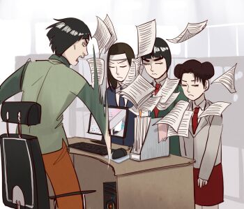 1girl 3boys bad_id bad_pixiv_id bookmark brown_pants chair closed_eyes computer computer_keyboard computer_mouse computer_tower contemporary double_bun dress formal_clothes green_jacket green_shirt grey_jacket hair_bun hyuuga_neji jacket might_guy monitor mousepad_(object) multiple_boys naruto_(classic) naruto_(series) necktie office_chair open_mouth pants paper red_dress red_necktie rock_lee shasun3 shirt shouting suit swivel_chair table tenten_(naruto) throwing white_shirt window