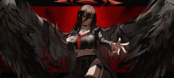 Rule 34 | 1girl, absurdres, black hair, black shirt, black skirt, black wings, blue archive, breast curtains, breasts, choker, collarbone, commentary request, feathered wings, garter straps, hair between eyes, halo, hand on own chest, hasumi (blue archive), highres, large breasts, long hair, long hair between eyes, looking at viewer, low wings, neckerchief, reaching, reaching towards viewer, red eyes, red halo, red neckerchief, sailor collar, seigen, shirt, skirt, smile, solo, thighs, underboob, very long hair, white sailor collar, wings