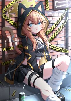1girl :o alternate_costume animal_ear_hood animal_ears arm_at_side belt_collar between_legs black_jacket black_shirt black_shoes black_skirt blue_archive blue_eyes blush can cat_ears cat_girl cat_tail caution_tape collar criss-cross_halter crop_top day fake_animal_ears foot_out_of_frame hair_between_eyes hair_ornament hairclip halterneck hand_between_legs highres hood hood_up jacket kamesys keep_out knee_up kneehighs long_hair long_sleeves looking_at_viewer loose_socks mari_(blue_archive) midriff miniskirt open_clothes open_jacket open_mouth orange_hair outdoors plaid_clothes plaid_skirt pleated_skirt punk ribbon shirt shoes sidelighting sidelocks sitting skirt socks solo streetwear tail tail_ornament tail_raised tail_ribbon thigh_strap thighs white_ribbon white_socks