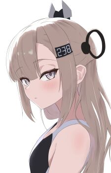 Rule 34 | 1girl, absurdres, black one-piece swimsuit, blush, closed mouth, commentary request, from side, grey eyes, grey hair, hair ornament, headgear, highres, kantai collection, l meet, long hair, looking at viewer, one-piece swimsuit, simple background, solo, swimsuit, two-tone one-piece swimsuit, upper body, wahoo (kancolle), white background