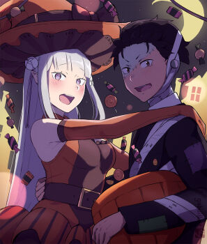 1boy 1girl bandages black_hair blush brown_eyes cloud elbow_gloves emilia_(re:zero) food gabuillust gloves hair_ornament halloween highres long_hair looking_at_viewer natsuki_subaru night pointy_ears purple_eyes re:zero_kara_hajimeru_isekai_seikatsu single_bare_shoulder sweets white_hair