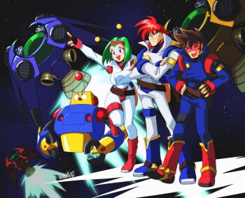 1990s_(style) 1girl 2boys brown_hair buster_(radiant_silvergun) commentary commentary_request creator crossed_arms danmakuman dated english_commentary fake_antennae fanny_pack full_body green_hair guy_(radiant_silvergun) hairband hand_on_another&#039;s_arm hands_on_own_hips highres leg_up lineup looking_ahead mecha_pilot_suit mixed-language_commentary multiple_boys one_eye_closed outstretched_arm pointing popped_collar radiant_silvergun reanna red_hair red_hairband retro_artstyle robot rocket signature silvergun_(ship) smile space spacecraft spiked_hair standing standing_on_one_leg star_(sky)