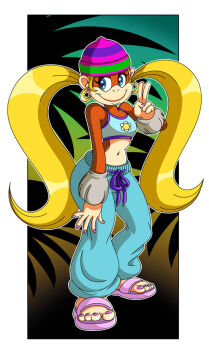 baggy_pants bare_shoulders beanie blonde_hair blue_eyes crop_top donkey_kong_(series) earrings eyelashes eyeshadow flower fur_wristband hat jewelry jungle long_hair makeup monkey monkey_girl nail_polish nature navel nintendo palm_tree pants peace_symbol pink_nails pink_toenails sandals scrunchie shirt sidelocks smile sweatpants tiny_kong toenails toes tree twintails very_long_hair wrist_scrunchie