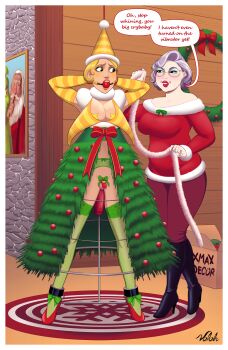 1boy 1girl age_difference anal anal_object_insertion ball_gag bdsm black_boots blonde_hair bondage boots border bound bow box breasts cardboard_box chastity_cage christmas christmas_tree christmas_tree_costume christmas_wreath clothed_female_nude_male english_text femdom feminization gag gagged glasses green_thighhighs grey_hair hat high_heel_boots high_heels highres how_the_grinch_stole_christmas humiliation indoors knee_boots large_breasts male_penetrated mrs._claus nude object_insertion old old_woman original outside_border pants red_bow red_lips red_pants red_sweater restrained rug see-through_clothes see-through_thighhighs signature speech_bubble sweater testicles thighhighs voloh white_border wreath yellow_hat