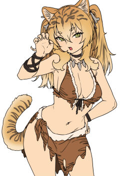 1girl animal_ear_fluff animal_ears animal_print armpits bikini black_choker blonde_hair bone bone_hair_ornament bracelet breasts brown_bikini cavewoman choker claw_pose contrapposto cowboy_shot fang fingernails flat_color fur-trimmed_bikini fur_trim furrowed_brow gradient_hair hair_ornament hand_on_own_hip hand_up highres houtengeki jewelry loincloth long_fingernails long_hair medium_breasts multicolored_hair navel necklace open_mouth original pelt print_loincloth short_eyebrows sidelocks simple_background skin_fang solo striped_hair swimsuit tail tiger_ears tiger_girl tiger_girl_(houtengeki) tiger_print tiger_stripes tiger_tail tooth_necklace tribal twintails white_background wristband yellow_eyes