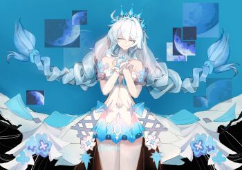 1girl absurdres ahoge bare_shoulders blue_sky braid breasts caofanggeshazhang58944 chibi closed_eyes commentary_request dress full_moon highres honkai_(series) honkai_impact_3rd kiana_kaslana kiana_kaslana_(divine_prayer) kiana_kaslana_(winter_princess) long_hair medium_breasts moon official_alternate_costume sky smile solo thighs tiara twin_braids very_long_hair white_dress white_hair