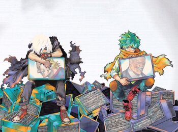 4boys all_for_one_(boku_no_hero_academia) all_might black_legwear black_pants blonde_hair boku_no_hero_academia cape cleaned curly_hair eyebrows freckles green_eyes green_hair hair_between_eyes highres horikoshi_kouhei long_hair looking_at_viewer male_focus midoriya_izuku multiple_boys official_art pale_skin pants red_footwear scar scar_on_face scarf shigaraki_tomura short_hair sitting smile static television third-party_edit torn_clothes white_background white_hair yagi_toshinori