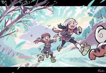 Rule 34 | 1boy, 1girl, akari (pokemon), bidoof, bird, black eyes, black hair, black sash, blue kimono, blue sky, blush, brown sandals, buizel, chupstar, clenched hand, cloud, commentary, commission, english commentary, eyelashes, full body, galaxy team survey corps uniform, gen 4 pokemon, grass, hat, headscarf, hisuian growlithe, hisuian poke ball, japanese clothes, kimono, long hair, nintendo, obi, open mouth, outdoors, poke ball, pokemon, pokemon (creature), pokemon legends: arceus, red hat, rei (pokemon), running, sandals, sash, shinx, short hair, sidelocks, sky, smile, socks, starly, tree, white headscarf, white socks