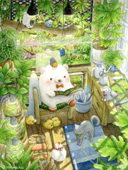 animal artist_name baby_animal bear bird blue_butterfly bucket bug butterfly cat ceiling chick chicken commentary_request fish_tank grey_cat hat highres insect leaf no_humans original plant polar_bear potted_plant st.kuma top_hat watering_can