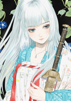 1girl absurdres aqua_eyes blue_eyes blunt_bangs chinese_clothes chinese_commentary closed_mouth commentary_request flower hanfu highres holding jewelry leaf long_hair long_sleeves looking_at_viewer morning_glory necklace original plant qixiong_ruqun shangguan_rushi solo sword upper_body weapon white_hair