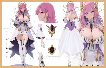 1girl blue_hair boots breasts cleavage closed_mouth color_guide colored_inner_hair dress earrings gloves hair_ornament high_heel_boots high_heels highres jewelry large_breasts long_hair multicolored_hair multiple_views original pink_hair purple_eyes reference_sheet shoulder_blades thigh_boots uzyou_(momotk1109) white_boots white_dress white_gloves