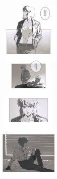 2girls aizheajsee can crushed_can drink_can ghost_in_the_shell ghost_in_the_shell:_stand_alone_complex greyscale highres in-franchise_crossover jacket kusanagi_motoko looking_at_another medium_hair monochrome multiple_girls multiple_persona sitting speech_bubble white_background