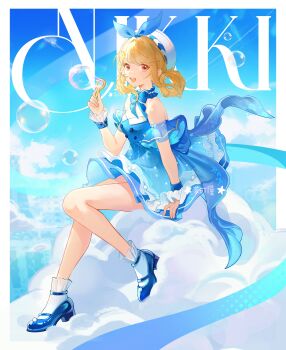 Rule 34 | 1girl, absurdres, back bow, bare shoulders, bead choker, beads, beret, blonde hair, blue bow, blue bowtie, blue choker, blue dress, blue shoes, blue sky, blue sleeves, blue theme, blue wrist cuffs, border, bow, bow choker, bowtie, brooch, brown eyes, bubble, bubble wand, bubbly voyage (infinity nikki), buttons, chinese commentary, choker, cloud, collared dress, commentary request, copyright name, dafu zhentan, day, detached sleeves, dress, eyelashes, floating clothes, floating hair, frilled choker, frilled dress, frilled sleeves, frilled socks, frilled wrist cuffs, frills, full body, hair ornament, hair rings, hairclip, halftone, happy, hat, hat bow, high heels, highres, holding, holding wand, infinity nikki, jewelry, light rays, long hair, nikki (series), ocean, on cloud, open mouth, outdoors, outside border, pumps, rabbit hair ornament, see-through clothes, see-through sleeves, shoes, short dress, short sleeves, sidelocks, sitting, sky, smile, socks, solo, strapless, strapless dress, striped clothes, striped dress, sunlight, teeth, upper teeth only, vertical-striped clothes, vertical-striped dress, wand, white border, white hat, white socks, wind, wrist cuffs