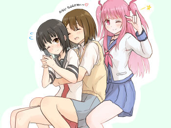 3girls ^_^ angel_beats! betock blue_sailor_collar blue_skirt blue_trim blush brown_eyes brown_hair buttons closed_eyes commentary_request dress embarrassed funami_yui grey_skirt hair_ornament hairclip hand_up highres hirasawa_yui hug hug_from_behind k-on! knees long_hair multiple_girls name_connection nanamori_school_uniform neckerchief one_eye_closed outline own_hands_together pink_eyes pink_hair pink_neckerchief pleated_skirt sailor_collar sailor_shirt sakuragaoka_high_school_uniform school_uniform shirt short_dress short_hair short_sleeves simple_background sitting skirt smile summer_uniform sweater_vest two_side_up white_outline white_shirt yellow_sweater_vest yui_(angel_beats!) yuri yuruyuri