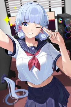 1girl arm_up ayaka_(genshin_impact) blue_eyes blue_sailor_collar blue_skirt breasts computer computer_tower desk genshin_impact grey_hair grin haerge hair_ribbon hand_up highres long_hair looking_at_viewer medium_breasts midriff miniskirt mole mole_under_eye navel neckerchief one_eye_closed pleated_skirt ponytail red_neckerchief ribbon sailor_collar school_uniform selfie serafuku shirt sidelocks skirt smile solo tress_ribbon v very_long_hair white_shirt window window_blinds