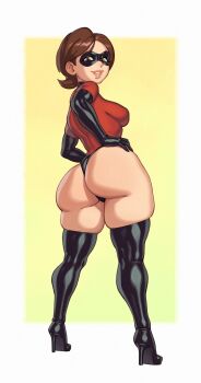 1girl adapted_costume anus anus_peek ass bodysuit boots breasts brown_eyes brown_hair cameltoe curvy disney domino_mask elastic elastigirl elbow_gloves eye_mask from_behind full_body gloves helen_parr high_heel_boots high_heels highleg highleg_leotard highres huge_ass impossible_clothes impossible_leotard large_breasts leotard lipstick looking_at_viewer looking_back makeup mask mature_female naughty_face partially_visible_anus partially_visible_vulva pixar red_leotard riz short_hair sideboob smile standing superhero_costume the_incredibles thick_thighs thigh_boots thigh_grab thighs thong_leotard wide_hips