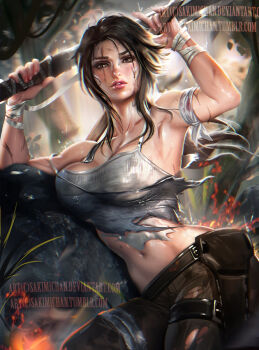 1girl armpits bandaged_arm bandages breasts brown_eyes brown_hair camisole cowboy_shot female_focus gradient_background lara_croft large_breasts long_hair looking_at_viewer navel parted_lips sakimichan shirt solo tank_top tomb_raider tomb_raider_(reboot) torn_clothes torn_shirt watermark web_address