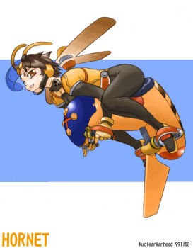 Rule 34 | 1girl, antennae, archived source, artist name, bad link, black bodysuit, black sleeves, blue background, bodysuit, brown eyes, brown hair, chinstrap, detached wings, english text, face shield, fake antennae, floating, floating object, full body, gloves, handlebar, hirai yukio, insect wings, jacket, long sleeves, looking at viewer, lying, mechanical wings, neck armor, no pupils, on stomach, one eye closed, orange wings, original, parted lips, short hair, simple background, smile, solo, teeth, unconventional vehicle, wasp, white background, wings, yellow gloves, yellow jacket