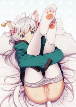 1girl :o animal_ears anus ass bell blue_eyes bow cat_ears cat_girl cat_tail cleft_of_venus clothes_pull eromanga_sensei feet female_focus hair_bow highres hood hooded_jacket izumi_sagiri jacket jingle_bell kemonomimi_mode legs_up loli long_hair looking_at_viewer lying no_shoes on_back pantyhose pantyhose_pull paw_print_socks paw_print_soles pillow pink_bow pussy silver_hair soles solo tail uncensored very_long_hair weyowang white_pantyhose