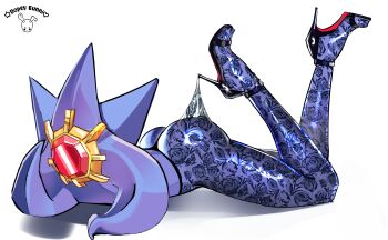 absurdres artist_name ass dopeybunni gen_1_pokemon high_heels highres lace_pantyhose lace_pantyhose_hooked_on_heel_(meme) lying mega_starmie meme nintendo on_stomach pokemon pokemon_(creature) pokemon_focus pokemon_legends:_z-a starmie white_background