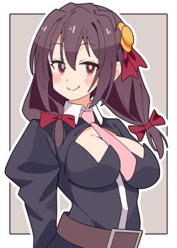 1girl arm_behind_back belt blush_stickers bow braid breasts brown_belt brown_hair commentary crown_braid grey_background hair_between_eyes hair_bow high-waist_belt highres juliet_sleeves kono_subarashii_sekai_ni_shukufuku_wo! large_breasts long_hair long_sleeves looking_at_viewer necktie noyama_takenoko pink_necktie puffy_sleeves red_bow red_eyes smile smug solo upper_body white_background wing_collar yunyun_(konosuba)