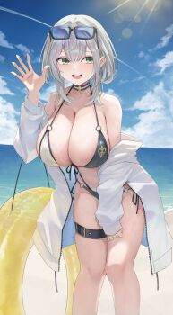 1girl absurdres alternate_costume bare_shoulders beach belt bikini black_belt blue_bikini blue_sky breasts cloud commentary_request day eyewear_on_head feet_out_of_frame front-tie_bikini_top front-tie_top furrowed_brow green_eyes grey_hair hair_between_eyes highleg highleg_bikini highres hololive innertube jacket large_breasts layered_bikini leaning_forward lens light_blush light_rays long_sleeves looking_at_viewer multicolored_bikini o-ring o-ring_bikini o-ring_bottom o-ring_top ocean off_shoulder open_clothes open_jacket open_mouth outdoors riafel shirogane_noel shirogane_noel_(summer_2020) shore side-tie_bikini_bottom sky sleeves_past_wrists smile solo standing sunbeam sunglasses sunlight swim_ring swimsuit thigh_belt thigh_strap two-tone_bikini virtual_youtuber waving white_bikini white_jacket