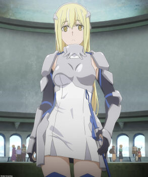 1girl aiz_wallenstein armor black_gloves blonde_hair blue_socks blue_thighhighs boots breastplate breasts closed_mouth dress dungeon_ni_deai_wo_motomeru_no_wa_machigatteiru_darou_ka female_focus gloves headgear highres large_breasts legs long_glove long_hair looking_at_viewer looking_down miniskirt navel people pleated_skirt scabbard sheath skirt socks solo solo_focus stitched sword thigh_boots thighhighs thighs third-party_edit weapon white_dress white_skirt yellow_eyes zettai_ryouiki