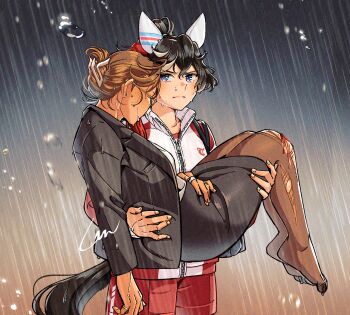 2girls bag black_pantyhose black_suit blood blue_eyes breasts brown_eyes carrying closed_mouth commentary_request ear_covers ear_ornament female_trainer_(umamusume) formal_clothes gaman glasses gym_uniform hair_between_eyes hair_ornament highres holding horse_girl jacket jewelry katsuragi_ace_(umamusume) kotabi_kiku_(gaman) long_sleeves medium_breasts medium_hair multicolored_hair multiple_girls office_lady original pantyhose ponytail princess_carry rain red_shorts ring scraped_knee shorts shoulder_bag sleepy standing streaked_hair suit tassel tassel_hair_ornament torn_clothes torn_pantyhose track_jacket trainer_(umamusume) umamusume wet white_hair