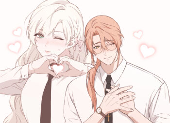 1boy 1girl black_necktie brown_eyes brown_hair cross cross_necklace degrees_of_lewdity glasses heart heart_hands ivy_(sinner_o0) jewelry long_hair looking_at_viewer necklace necktie one_eye_closed player_character_(degrees_of_lewdity) player_character_(female)_(degrees_of_lewdity) round_eyewear shirt simple_background sinner_o0 sydney_(degrees_of_lewdity) sydney_(male)_(degrees_of_lewdity) watch white_background white_hair white_shirt wristwatch