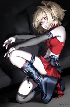 1girl alternate_costume belt black_boots black_sleeves blonde_hair boots breasts burnice_white cropped_shirt detached_sleeves evil_grin evil_smile from_side grin highres looking_at_viewer m_alexa medium_breasts medium_hair midriff red_eyes red_nails red_shirt red_skirt shirt skirt smile solo squatting thigh_belt thigh_strap two_side_up vignetting zenless_zone_zero