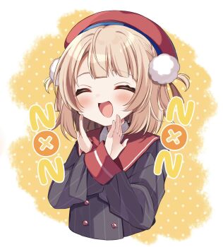 1girl :d ^_^ beret blonde_hair blush buttons catcher_in_the_ui closed_eyes commentary_request cropped_torso double-breasted grey_jacket hair_ornament hair_rings hands_up hat highres indie_virtual_youtuber jacket kiyokura_meru medium_hair open_mouth polka_dot polka_dot_background pom_pom_(clothes) pom_pom_hair_ornament red_hat red_sailor_collar sailor_collar shigure_ui_(vtuber) shigure_ui_(vtuber)_(1st_costume) smile solo striped_clothes striped_jacket vertical-striped_clothes vertical-striped_jacket virtual_youtuber x_arms yellow_background