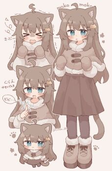 Rule 34 | > <, 1girl, :3, :d, :o, absurdres, ahoge, biachan (colon br), black pantyhose, blush stickers, boots, brown boots, brown hair, brown mittens, brown skirt, capelet, cat hair ornament, chibi, closed eyes, closed mouth, colon br, commentary request, full body, fur-trimmed boots, fur-trimmed capelet, fur trim, green eyes, grey capelet, hair ornament, hairclip, highres, long hair, long sleeves, looking at viewer, mittens, open mouth, original, pantyhose, parallel hairclips, pleated skirt, sidelocks, simple background, skirt, smile, speech bubble, standing, translation request, trembling, white background, winter clothes