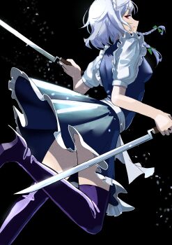 1girl absurdres apron black_background blue_skirt blue_vest boots bow braid breasts closed_mouth commentary dual_wielding foot_out_of_frame frilled_skirt frills from_behind green_bow hair_bow high_heel_boots high_heels highres holding holding_sword holding_weapon izayoi_sakuya looking_at_viewer maid maid_headdress medium_breasts profile puffy_short_sleeves puffy_sleeves purple_boots red_eyes shirt short_hair short_sleeves side_braids sideways_glance skirt solo stiletto_heels sword thigh_boots touhou urizaku3 vest waist_apron weapon white_apron white_hair white_shirt