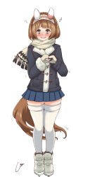 Rule 34 | 1girl, absurdres, animal ears, blush, braid, brown eyes, brown hair, commentary request, crown braid, embarrassed, headband, heart, heart hands, highres, horse ears, horse girl, horse tail, ice skates, looking at viewer, mittens, scarf, skates, solo, standing, tail, thighhighs, thighs, tokiziku, umamusume, white background, winter clothes, yukino bijin (umamusume)