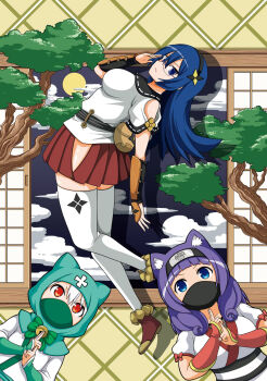 Rule 34 | 3girls, :<, adjusting eyewear, animal ear fluff, animal ear hood, animal ears, arm guards, armor, bell, black hairband, black sailor collar, blue eyes, blue hair, blunt bangs, bonsai, boots, bow, breasts, brown boots, closed mouth, clothing cutout, cloud, dog girl, fake animal ears, feet out of frame, fishnets, flipped hair, forehead protector, from side, futoku no guild, glasses, green bow, grey hair, hair between eyes, hair ornament, hairband, hand up, headband, highres, hitamu kyan, hood, hood up, japanese armor, japanese clothes, kimono, kote, kuji-in, large breasts, leaning back, long hair, looking at viewer, magyo, maidena angers, mask, medium hair, miniskirt, mouth mask, multiple girls, night, ninja, ninja mask, non-web source, official art, pleated skirt, purple hair, raccoon ears, red eyes, red skirt, sailor collar, shirt, short sleeves, shouji, shoulder cutout, shuriken hair ornament, side cutout, skirt, sliding doors, small breasts, standing, thighhighs, tree, v-shaped eyebrows, white shirt, white thighhighs, zanzo hatsudori, zettai ryouiki