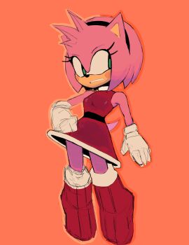 absurdres amy_rose belt black_belt black_hairband boots breasts dress eyelashes gloves green_eyes hairband hand_on_own_hip hedgehog_girl highres knee_boots light_blush looking_to_the_side medium_breasts multicolored_boots pink_hair red_boots red_dress short_dress short_hair simple_background sleeveless sonic_(series) tail turtleneck two-tone_boots white_boots white_gloves zargotxd