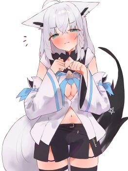 1girl absurdres ahoge animal_ears black_shorts black_thighhighs breasts cleavage closed_mouth commentary detached_sleeves fox_ears fox_girl fox_tail highres hololive hood hoodie long_hair looking_at_viewer medium_breasts navel shirakami_fubuki shirakami_fubuki_(1st_costume) shorts solo symbol-only_commentary tail tepenchi thigh_strap thighhighs virtual_youtuber white_hair white_hoodie white_sleeves