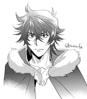 1boy artist_name ben-day_dots chinese_commentary cloak closed_mouth collared_shirt commentary commentary_request english_commentary frown fur-trimmed_hood fur_trim greyscale hair_between_eyes high_collar hood hooded_cloak iwatani_naofumi koromo_(kinu) looking_at_viewer male_focus messy_hair mixed-language_commentary monochrome portrait screentones shirt short_hair sidelocks simple_background solo straight-on tate_no_yuusha_no_nariagari translation_request twitter_username