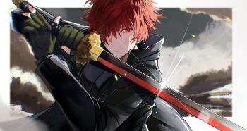 black_jacket closed_mouth gloves green_gloves hair_between_eyes highres holding holding_sword holding_weapon jacket katana long_sleeves looking_at_viewer only open_clothes open_jacket original red_eyes red_hair shokobr short_hair simple_background smile sword weapon