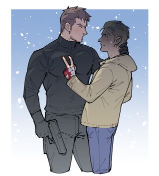 Rule 34 | 2boys, bandages, black gloves, black pants, black shirt, blonde hair, blood, bloody bandages, blue pants, blush, border, brown hair, chris redfield, closed mouth, cropped legs, denim, ethan winters, facial hair, gloves, gun, hair slicked back, hand on another's chest, hand on another's neck, handgun, highres, holding, holding gun, holding weapon, hood, hood down, hoodie, injury, jeans, kalamari, layered clothes, long sleeves, looking at another, male focus, missing finger, multiple boys, nervous sweating, pants, resident evil, resident evil village, shirt, short hair, sideburns, snow, snowing, sweat, sweatdrop, turtleneck, weapon, white border, yaoi, yellow hoodie