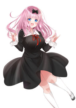 1girl :d \n/ absurdres black_dress black_socks blue_eyes breasts commentary_request double_\n/ dress foot_out_of_frame fujiwara_chika hanakuma_mano highres kaguya-sama_wa_kokurasetai_~tensai-tachi_no_renai_zunousen~ kneehighs large_breasts long_hair long_sleeves looking_at_viewer neck_ribbon open_mouth pink_hair red_ribbon ribbon school_uniform shuuchiin_academy_school_uniform simple_background smile socks solo white_background