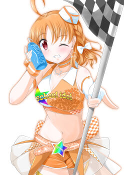 Rule 34 | 1girl, absurdres, ahoge, armlet, bare shoulders, blush, bottle, bottle to cheek, bow, braid, breasts, checkered flag, choker, cleavage, clothes writing, clothing request, collarbone, collared shirt, commentary request, crop top, earrings, elbow gloves, fingerless gloves, flag, gloves, grin, groin, hair between eyes, hair bow, hair ornament, hat, highres, holding, holding bottle, holding flag, jewelry, looking at viewer, love live!, love live! school idol festival, love live! school idol festival after school activity, love live! sunshine!!, medium breasts, midriff, mini hat, navel, one eye closed, orange choker, orange hair, orange shorts, outline, race queen, rapiecage (8107ka), red eyes, shirt, short hair, short shorts, shorts, side braid, sidelocks, simple background, single elbow glove, single fingerless glove, sleeveless, sleeveless shirt, smile, solo, standing, star (symbol), star earrings, takami chika, water bottle, white background, white bow, white gloves