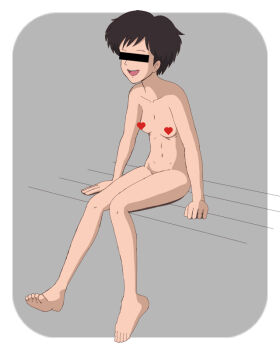 1girl arm_support bar_censor barefoot black_hair breasts censored censored_identity collarbone grey_background heart heart_censor hirotel kusakabe_satsuki navel nude open_mouth short_hair sitting small_breasts smile studio_ghibli teeth tonari_no_totoro