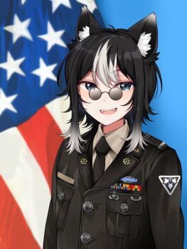 1girl american_flag animal_ear_fluff animal_ears black_jacket black_necktie blue_eyes collared_shirt commission glasses highres indie_virtual_youtuber jacket ko_winters looking_at_viewer medal messy_hair military_dress_uniform military_rank_insignia military_uniform mitsumine_(ookami_no_oyashiro) multicolored_hair necktie open_mouth original patch portrait ribbon round_eyewear second-party_source sharp_teeth shirt shoulder_patch sidelocks smile streaked_hair teeth united_states_army white_shirt wolf_ears wolf_girl