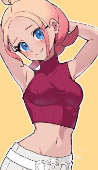 1girl armpits arms_behind_head belt belt_buckle blonde_hair blue_eyes blush breasts buckle closed_mouth commentary cropped_shirt eyelashes head_tilt highres looking_at_viewer meru_merume603 navel nintendo outline pants pokemon pokemon_legends:_z-a red_shirt shirt signature simple_background smile solo split_mouth taunie_(pokemon) white_belt yellow_background