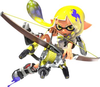 1girl 3d :o bare_arms blonde_hair boots braid dynamic_pose eye_mask eyebrow_cut full_body gradient_hair grey_boots holding holding_weapon ink_tank_(splatoon) inkling inkling_girl inkling_player_character long_hair long_pointy_ears looking_at_viewer mask midair multicolored_hair nintendo official_art open_mouth paint_splatter pointy_ears shirt short_eyebrows short_hair_with_long_locks side_braid sidelocks solo splatoon_(series) splatoon_3 spotted_hair t-shirt tentacle_hair thick_eyebrows transparent_background tri-stringer_(splatoon) two-tone_hair v-shaped_eyebrows veronika_(splatoon) weapon white_shirt yellow_eyes