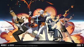 >_o 1boy 1other 3girls :q =_= arm_up arms_up bare_shoulders black_boots black_dress black_gloves black_hair black_hat black_jumpsuit black_shirt black_sky blush boots brown_hair cloud coat computer confetti copyright_name copyright_notice dress explosion explosion_background eyewear_on_head fingerless_gloves full_body glasses gloves grey_coat grey_gloves grey_pants group_leader_(xinyue_tongxing) gun hand_on_headwear hat headphones highres holding holding_gun holding_weapon jacket jumpsuit laptop leaning_forward legs_apart long_dress long_hair mingshuang_(xinyue_tongxing) miniskirt multiple_girls newsboy_cap official_art official_wallpaper one_eye_closed opaque_glasses open_mouth orange_gloves orange_jacket orange_scarf outstretched_arm pants pink_hair qianqiu_(xinyue_tongxing) round_eyewear scarf shirt shoes short_hair short_jumpsuit sitting skirt sky sparkle standing strapless_jumpsuit streamers sunglasses tongue tongue_out v weapon white_coat white_hair white_hat white_pants white_shirt white_shoes white_skirt xingliang_(xinyue_tongxing) xinyue_tongxing zhongyuan_(xinyue_tongxing)