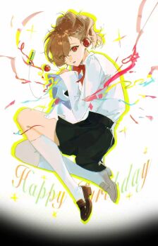 1girl black_skirt bow brown_hair brown_shoes commentary confetti digital_media_player digital_walkman full_body hair_ornament hairclip happy_birthday hashtag-only_commentary highres jack_frost_(megami_tensei) kneehighs kun594729981 loafers long_sleeves looking_at_viewer outline parted_lips persona persona_3 persona_3_portable red_bow red_eyes shiomi_kotone shirt shoes short_hair single_earphone_removed skirt socks stuffed_animal stuffed_toy walkman_nw-s203f white_background white_shirt white_socks yellow_outline