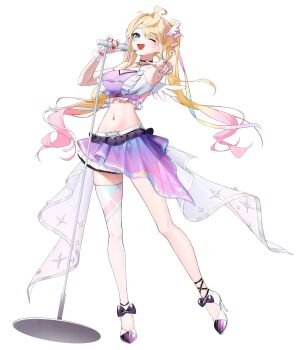 Rule 34 | 1girl, ;d, antenna hair, asymmetrical legwear, black bow, black choker, blonde hair, bow, breasts, choker, diamond (shape), fake wings, footwear bow, full body, game cg, gradient hair, halterneck, heart, heart o-ring, high heels, highres, holding, holding microphone, jewelry, large breasts, long hair, looking at viewer, microphone, microphone stand, mini wings, miniskirt, multicolored hair, navel, non-web source, o-ring, official alternate costume, one eye closed, open mouth, pink hair, pointing, pointing at viewer, poker fate, ponytail, purple skirt, red nails, ring, saotome kokoro, saotome kokoro (oath), single thighhigh, skirt, smile, solo, stomach, thighhighs, transparent background, white wings, wings